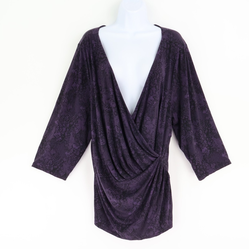 Lane Bryant Blouse Crossover Plunge V-Neck Womens Sz 22/24 Purple Ruched Stretch